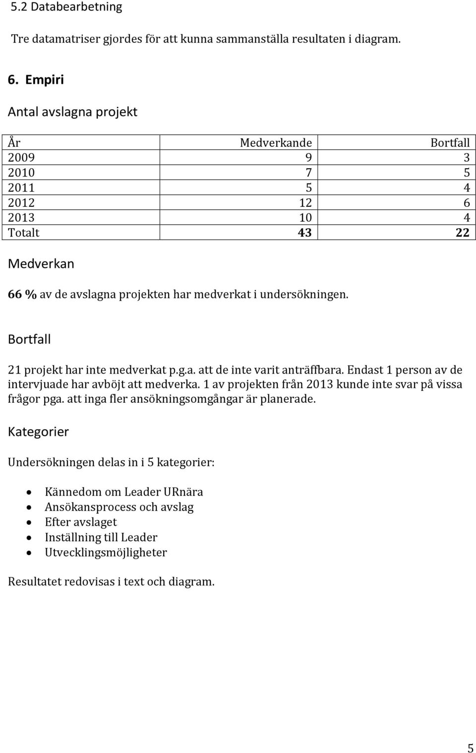 undersökningen. Bortfall 21 projekt har inte medverkat p.g.a. att de inte varit anträffbara. Endast 1 person av de intervjuade har avböjt att medverka.