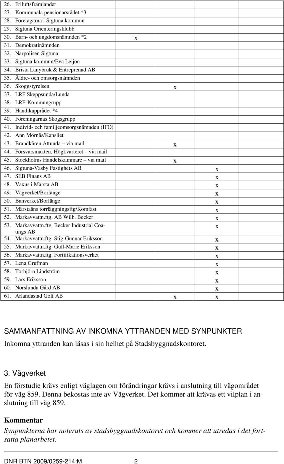 Föreningarnas Skogsgrupp 41. Individ- och familjeomsorgsnämnden (IFO) 42. Ann Mörnås/Kansliet 43. Brandkåren Attunda via mail x 44. Försvarsmakten, Högkvarteret via mail 45.