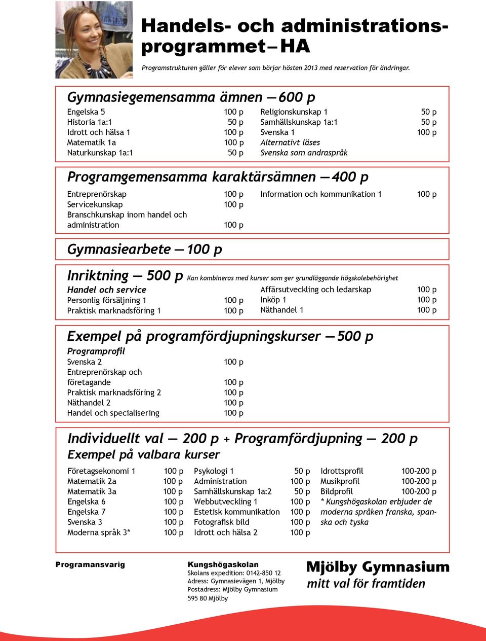 1 Samhällskunskap 1a:1 Svenska 1 Alternativt läses Svenska som andraspråk Programgemensamma karaktärsämnen 400 p Information och kommunikation 1 Gymnasiearbete Inriktning 500 p Kan kombineras med