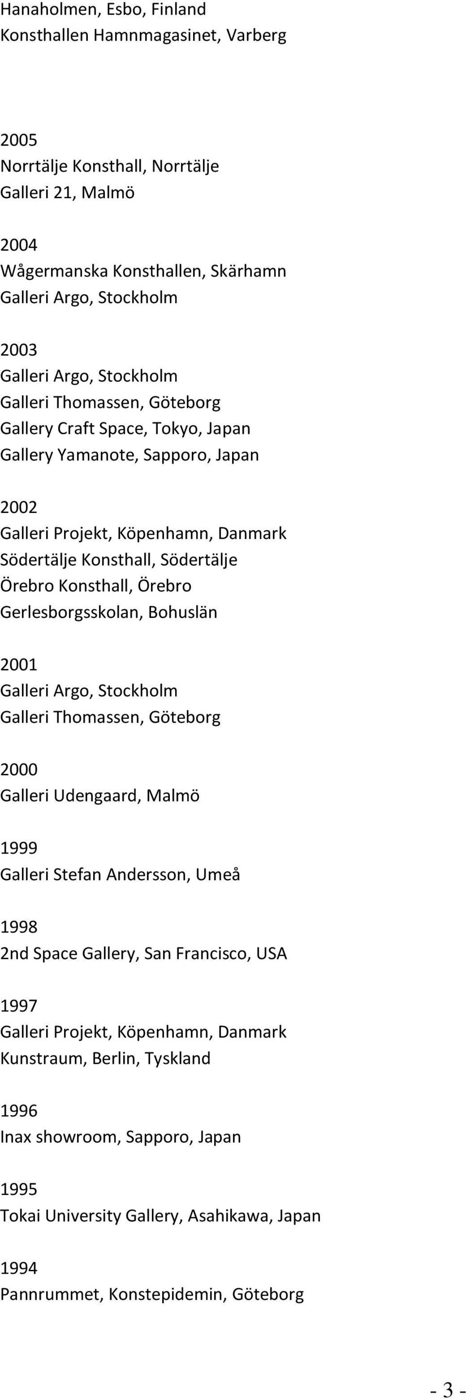 Gerlesborgsskolan, Bohuslän 2001 Galleri Thomassen, Göteborg 2000 Galleri Udengaard, Malmö 1999 Galleri Stefan Andersson, Umeå 1998 2nd Space Gallery, San Francisco, USA 1997