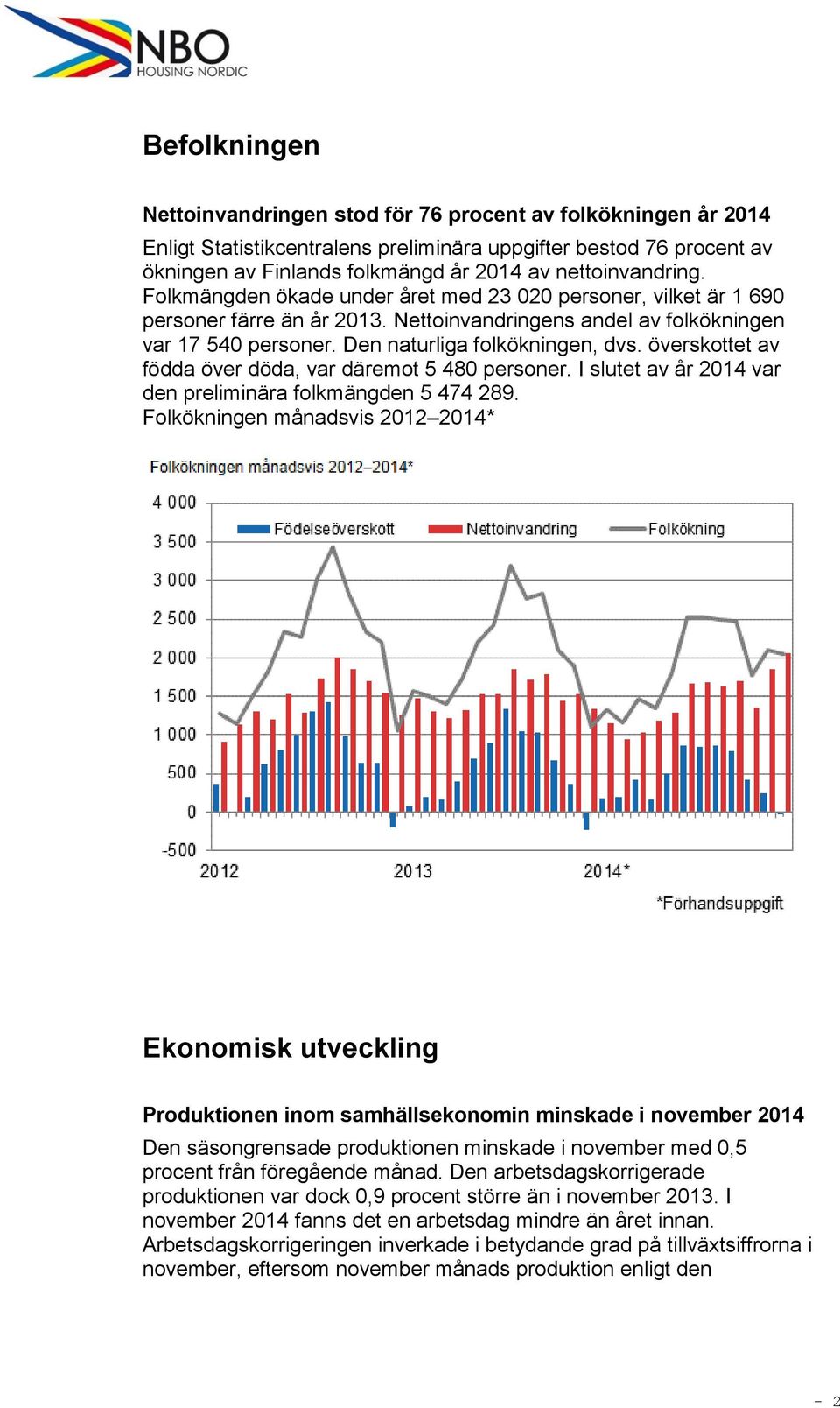 Den naturliga folkökningen, dvs. överskottet av födda över döda, var däremot 5 480 personer. I slutet av år 2014 var den preliminära folkmängden 5 474 289.