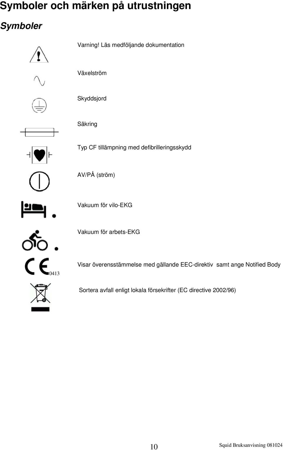 defibrilleringsskydd AV/PÅ (ström) Vakuum för vilo-ekg Vakuum för arbets-ekg 0413 Visar