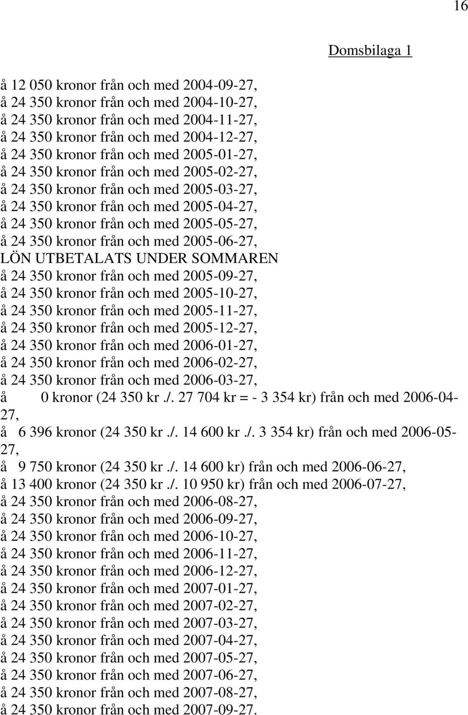 kronor från och med 2005-06-27, LÖN UTBETALATS UNDER SOMMAREN å 24 350 kronor från och med 2005-09-27, å 24 350 kronor från och med 2005-10-27, å 24 350 kronor från och med 2005-11-27, å 24 350