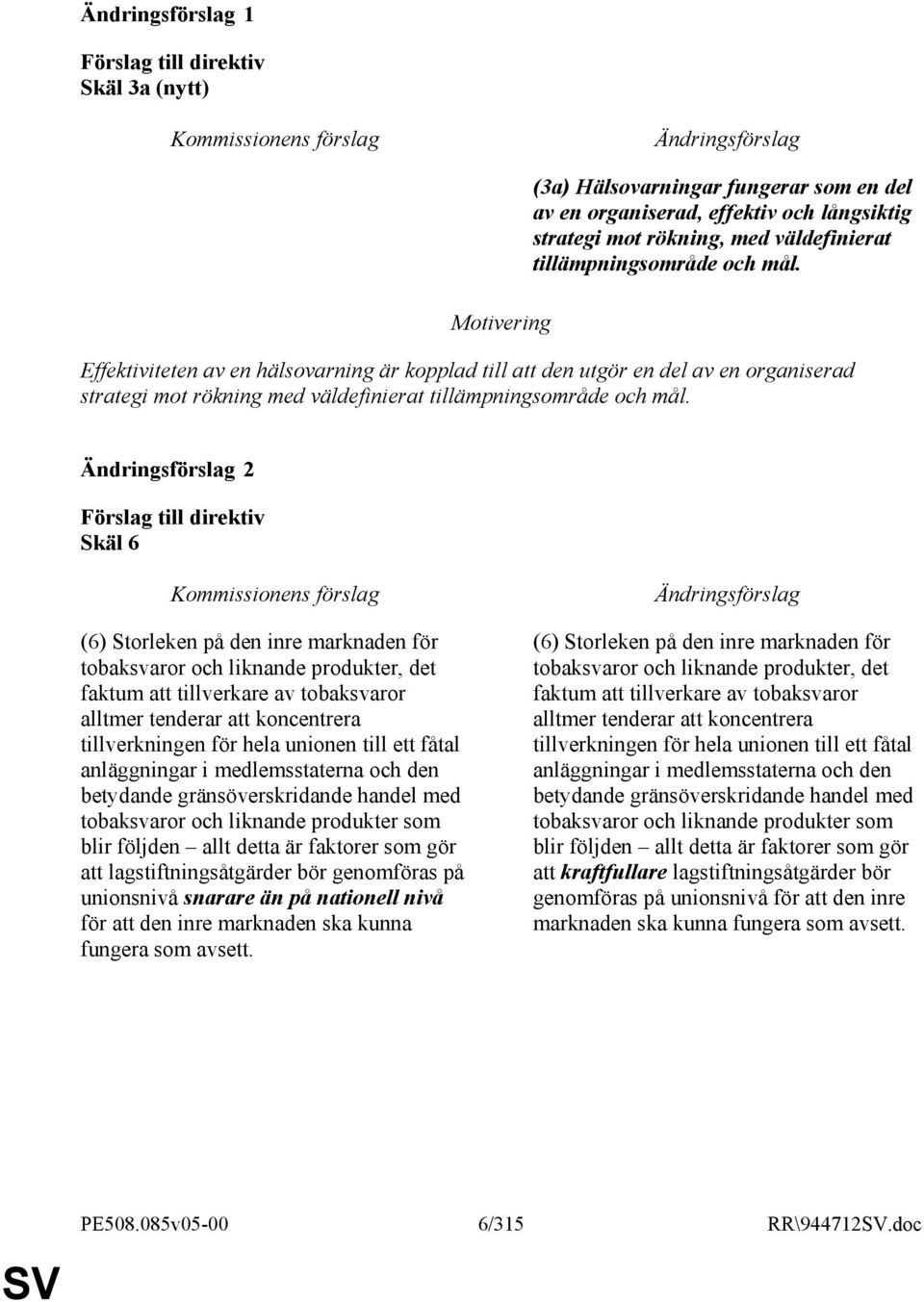 2 Skäl 6 (6) Storleken på den inre marknaden för tobaksvaror och liknande produkter, det faktum att tillverkare av tobaksvaror alltmer tenderar att koncentrera tillverkningen för hela unionen till