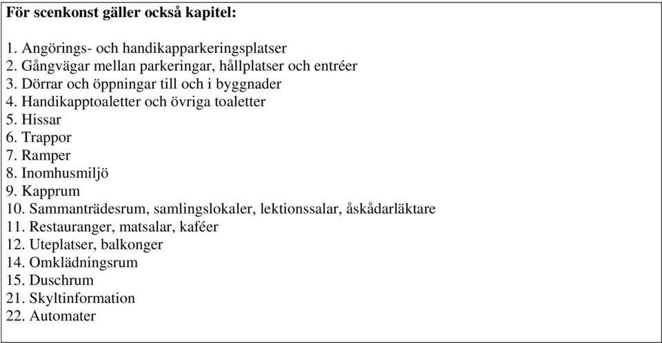 Handikapptoaletter och övriga toaletter 5. Hissar 6. Trappor 7. Ramper 8. Inomhusmiljö 9. Kapprum 10.