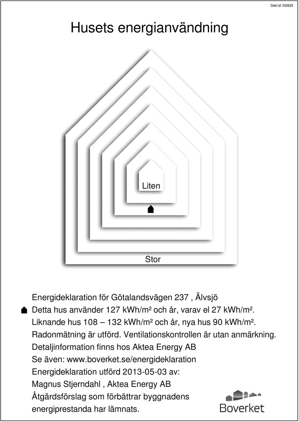 Ventilationskontrollen är utan anmärkning. Detaljinformation finns hos Aktea Energy AB Se även: www.boverket.