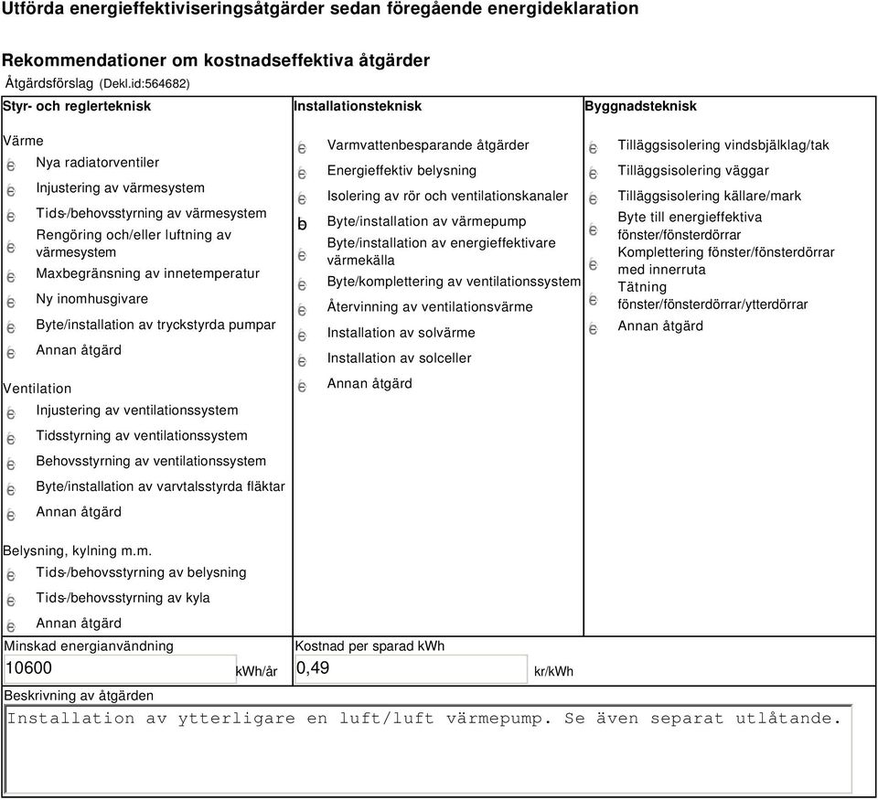 värmesystem Maxbegränsning av innetemperatur Ny inomhusgivare Byte/installation av tryckstyrda pumpar Ventilation Injustering av ventilationssystem Tidsstyrning av ventilationssystem Behovsstyrning