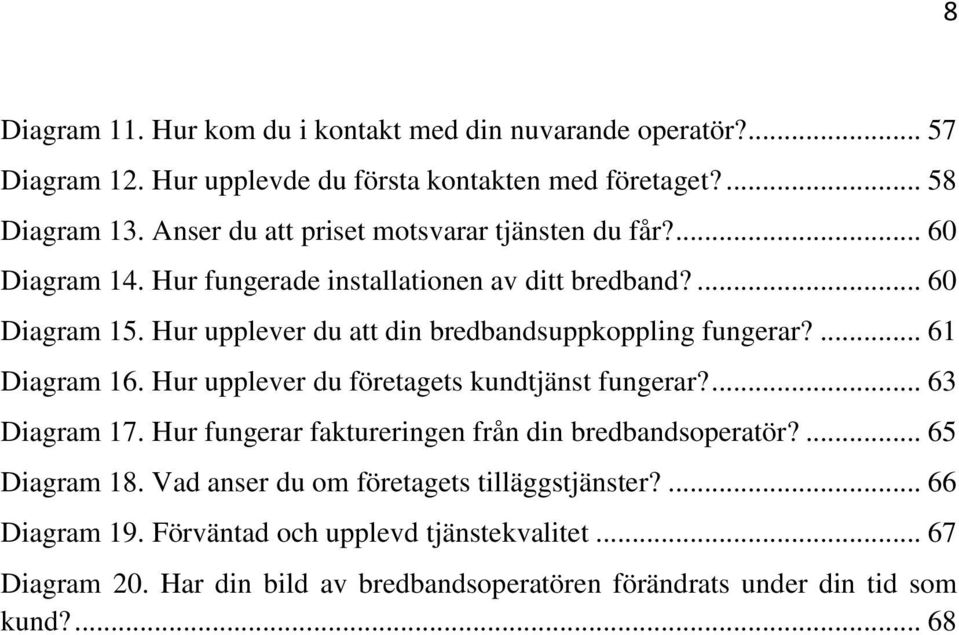 Hur upplever du att din bredbandsuppkoppling fungerar?... 61 Diagram 16. Hur upplever du företagets kundtjänst fungerar?... 63 Diagram 17.