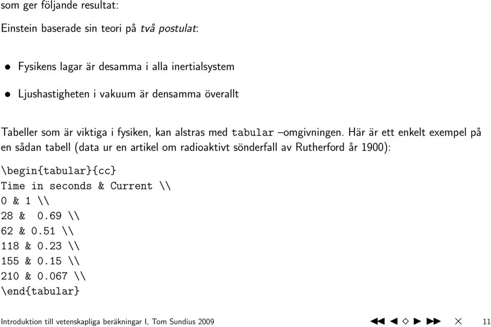 Här är ett enkelt exempel på en sådan tabell (data ur en artikel om radioaktivt sönderfall av Rutherford år 1900): \begin{tabular}{cc} Time