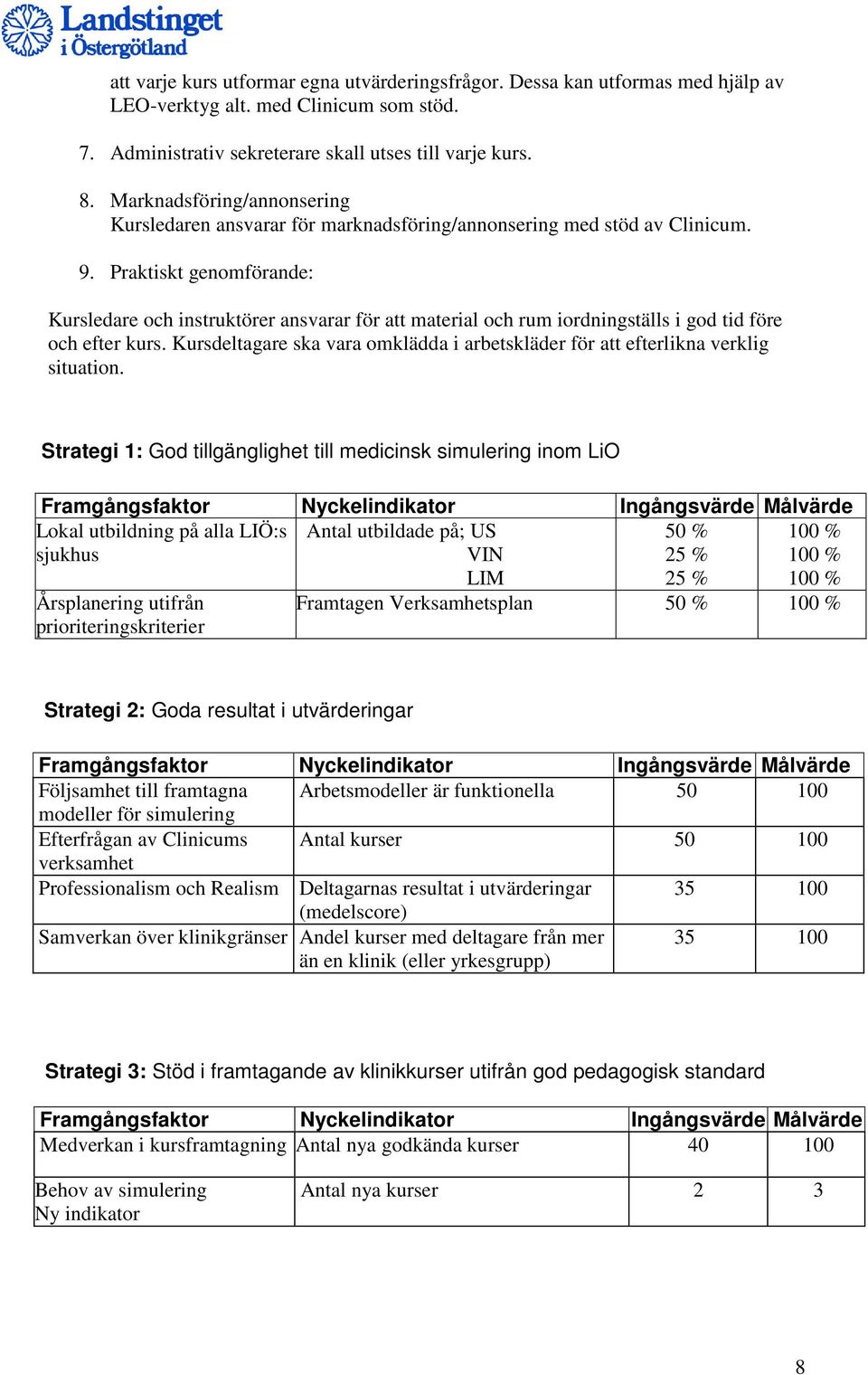 Praktiskt genomförande: Kursledare och instruktörer ansvarar för att material och rum iordningställs i god tid före och efter kurs.