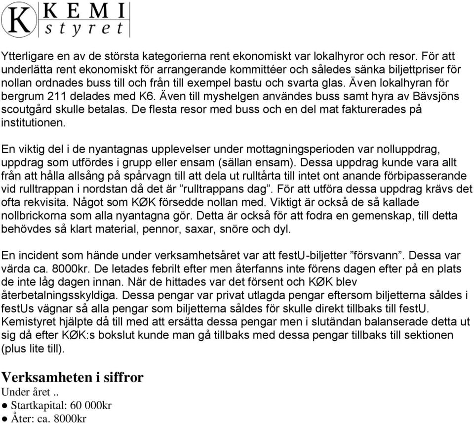 Även lokalhyran för bergrum 211 delades med K6. Även till myshelgen användes buss samt hyra av Bävsjöns scoutgård skulle betalas. De flesta resor med buss och en del mat fakturerades på institutionen.