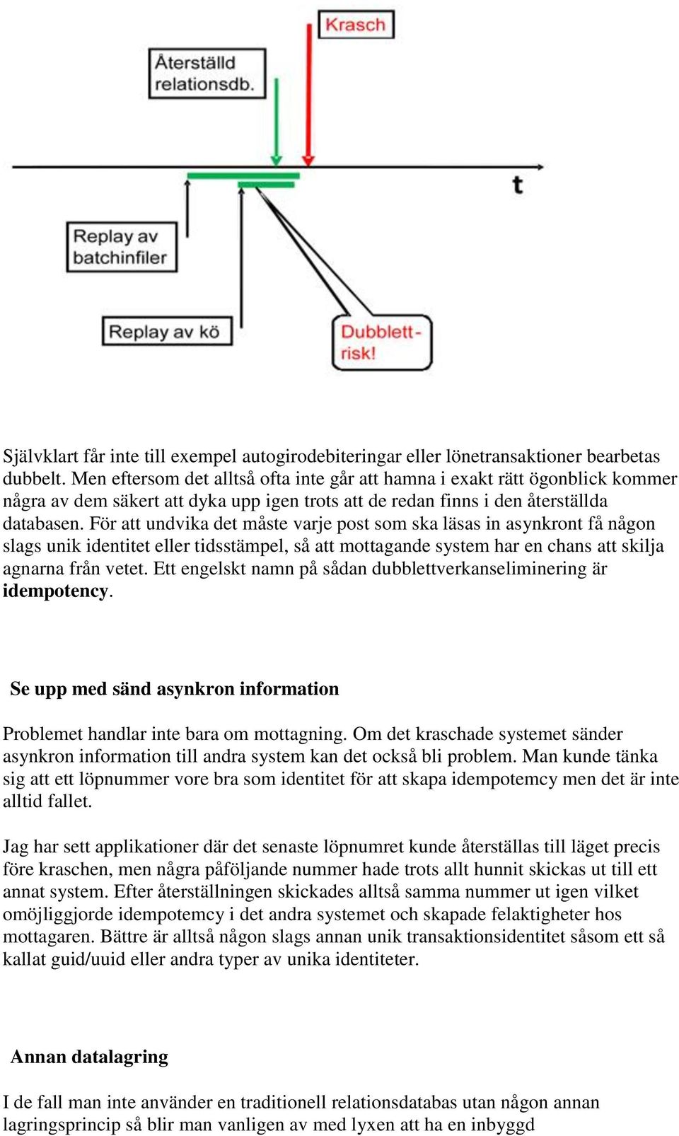 För att undvika det måste varje post som ska läsas in asynkront få någon slags unik identitet eller tidsstämpel, så att mottagande system har en chans att skilja agnarna från vetet.