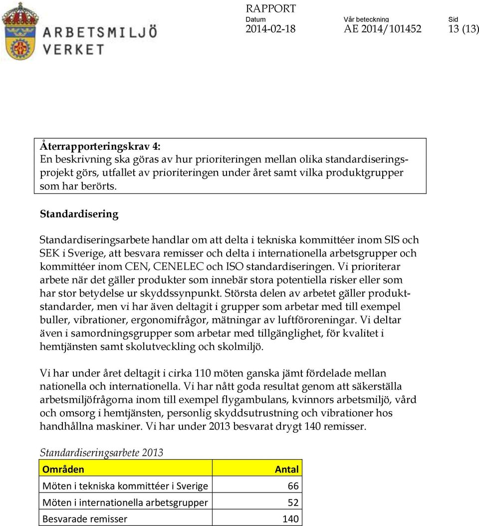 Standardisering Standardiseringsarbete handlar om att delta i tekniska kommittéer inom SIS och SEK i Sverige, att besvara remisser och delta i internationella arbetsgrupper och kommittéer inom CEN,