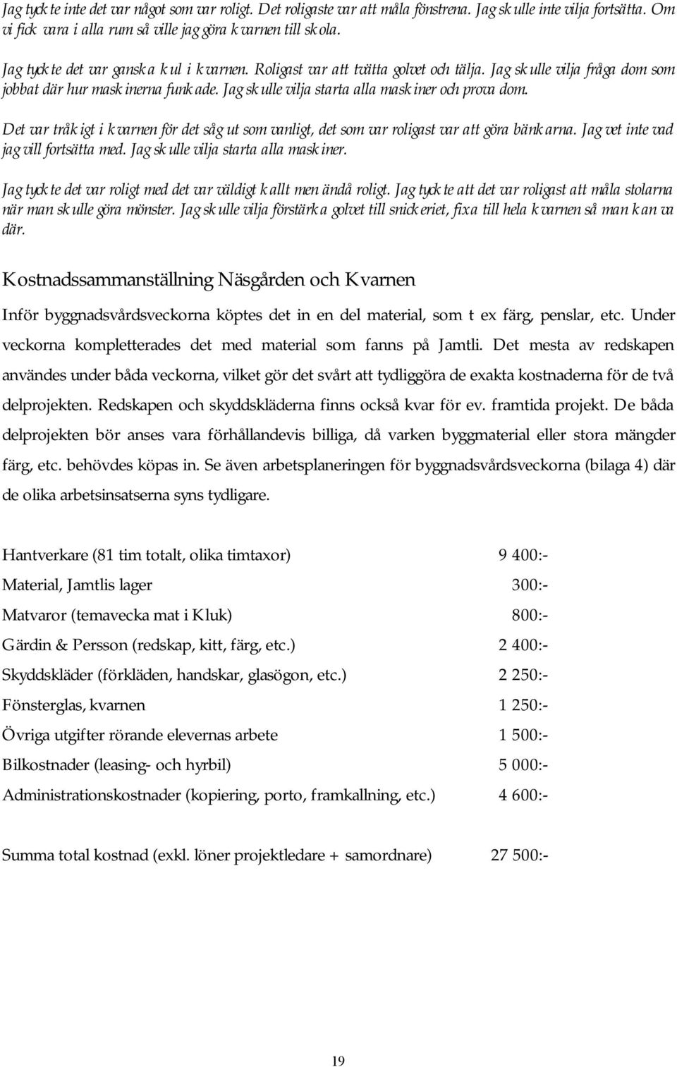 Jag skulle vilja starta alla maskiner och prova dom. Det var tråkigt i kvarnen för det såg ut som vanligt, det som var roligast var att göra bänkarna. Jag vet inte vad jag vill fortsätta med.