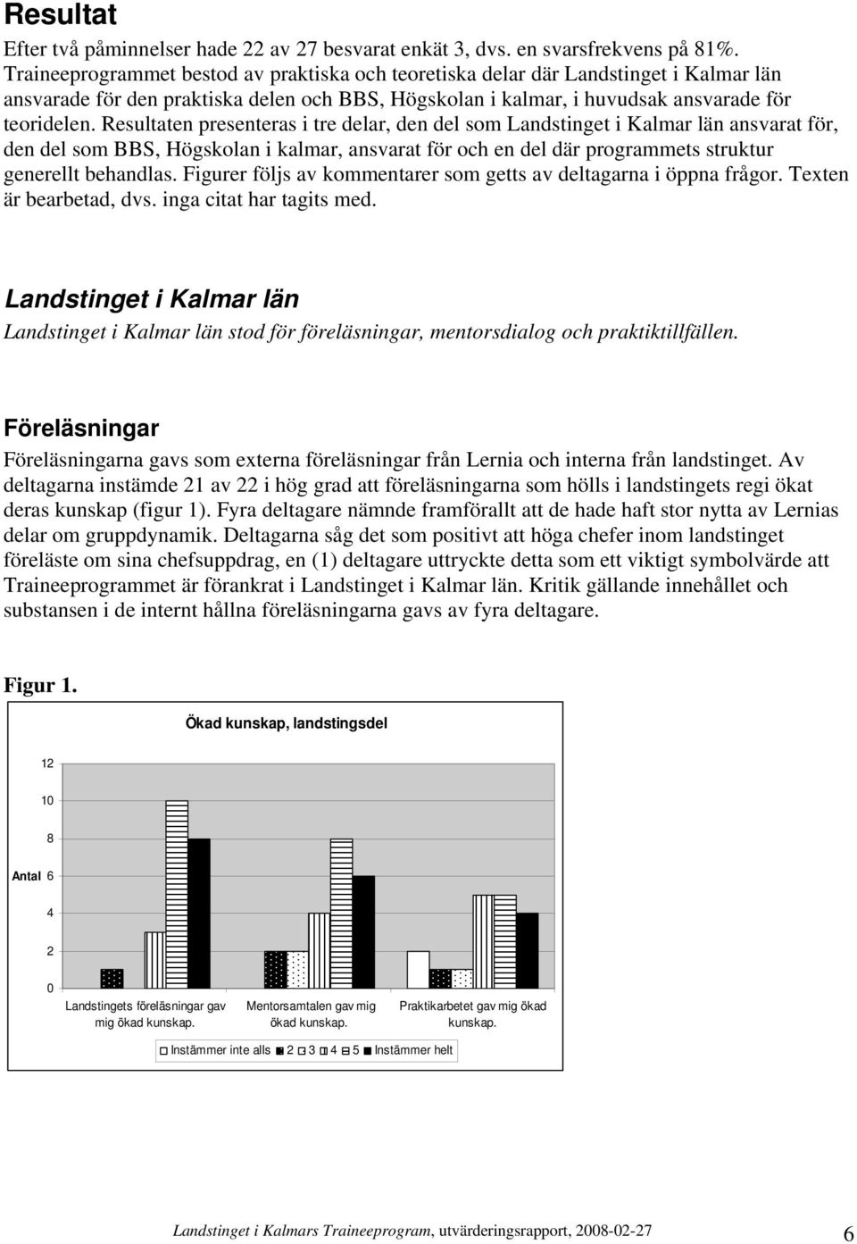 Resultaten presenteras i tre delar, den del som Landstinget i Kalmar län ansvarat för, den del som BBS, Högskolan i kalmar, ansvarat för och en del där programmets struktur generellt behandlas.