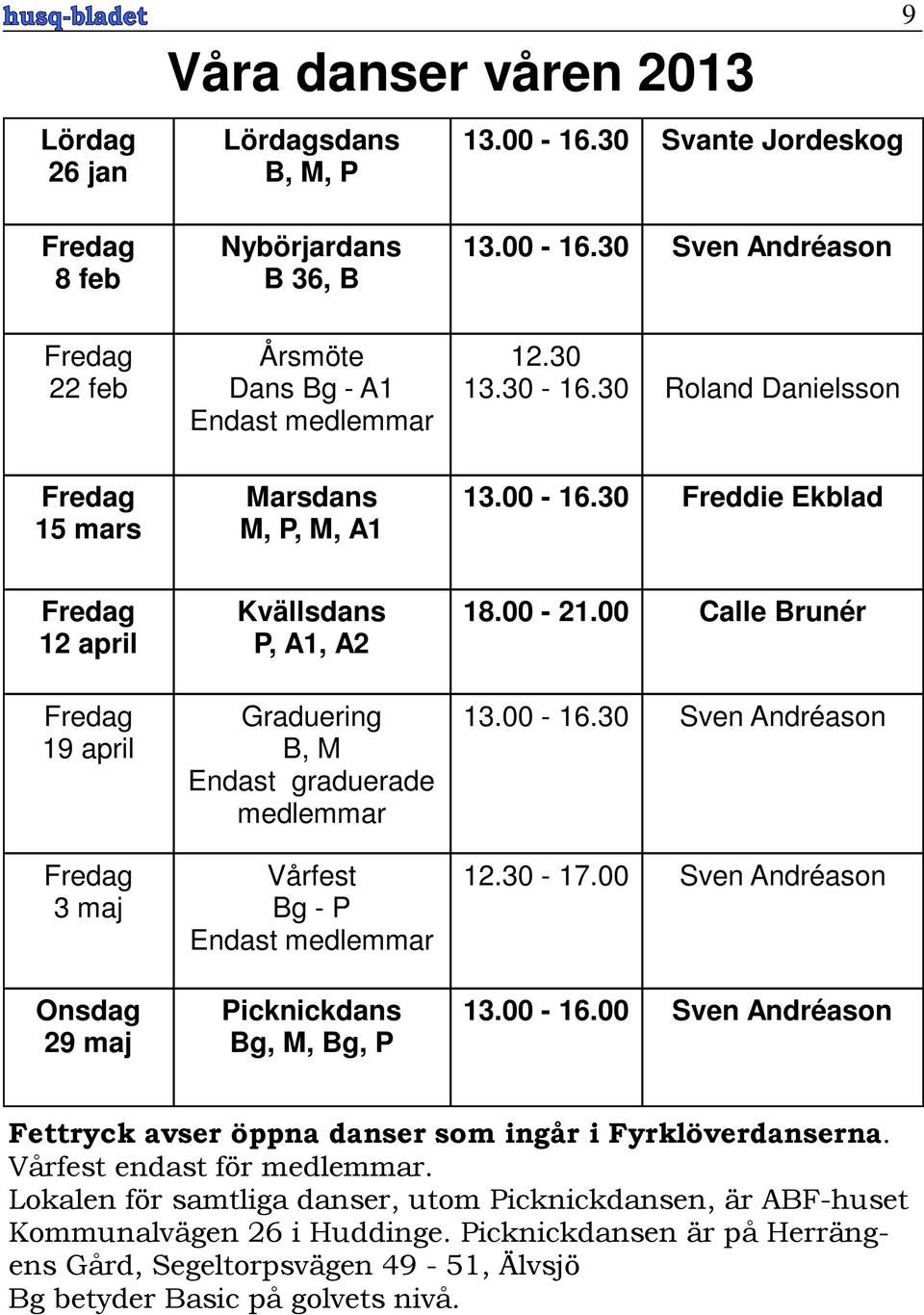 30 Freddie Ekblad Fredag 12 april Fredag 19 april Fredag 3 maj Onsdag 29 maj Kvällsdans P, A1, A2 Graduering B, M Endast graduerade medlemmar Vårfest Bg - P Endast medlemmar Picknickdans Bg, M, Bg, P