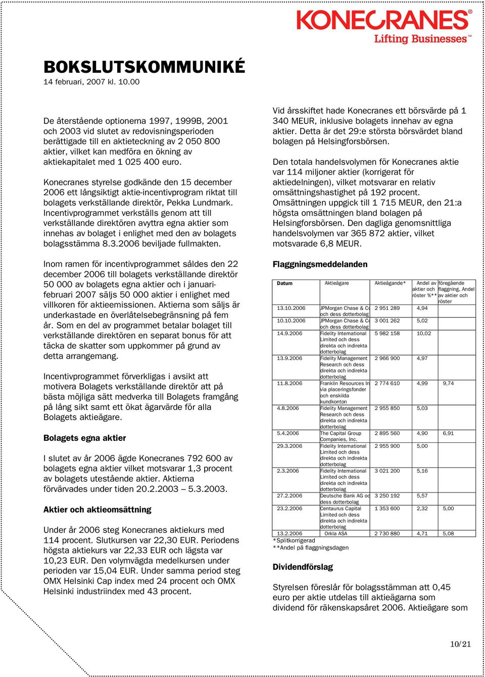 Incentivprogrammet verkställs genom att till verkställande direktören avyttra egna aktier som innehas av bolaget i enlighet med den av bolagets bolagsstämma 8.3.2006 beviljade fullmakten.