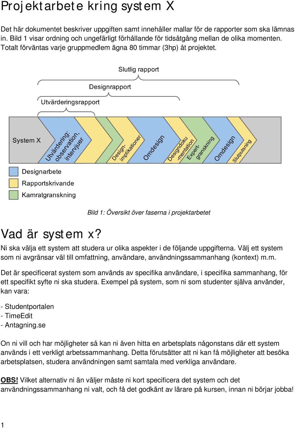 Bild 1: Översikt över faserna i projektarbetet Ni ska välja ett system att studera ur olika aspekter i de följande uppgifterna.