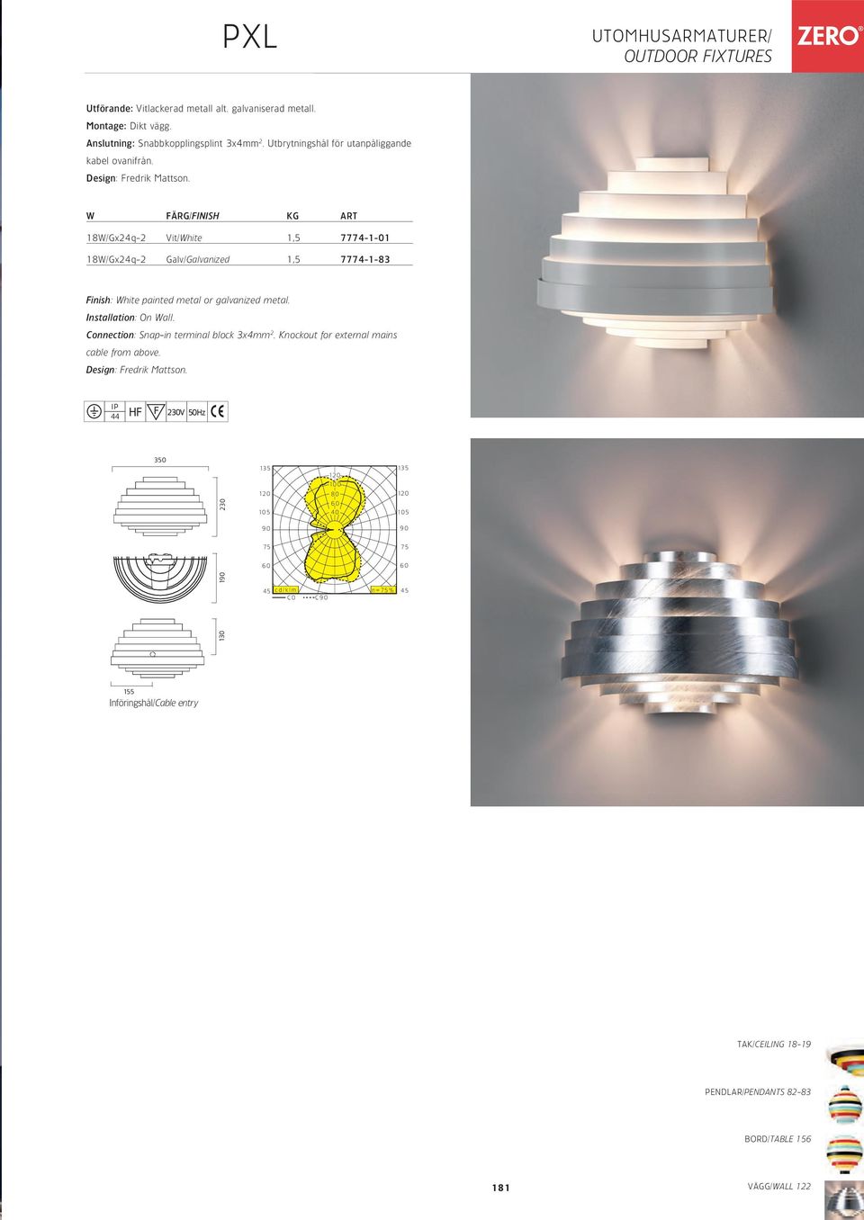 W FÄRG/FINISH KG ART 18W/Gx24q-2 Vit/White 1,5 7774-1-01 18W/Gx24q-2 Galv/Galvanized 1,5 7774-1-83 Finish: White painted metal or galvanized metal. Installation: On Wall.