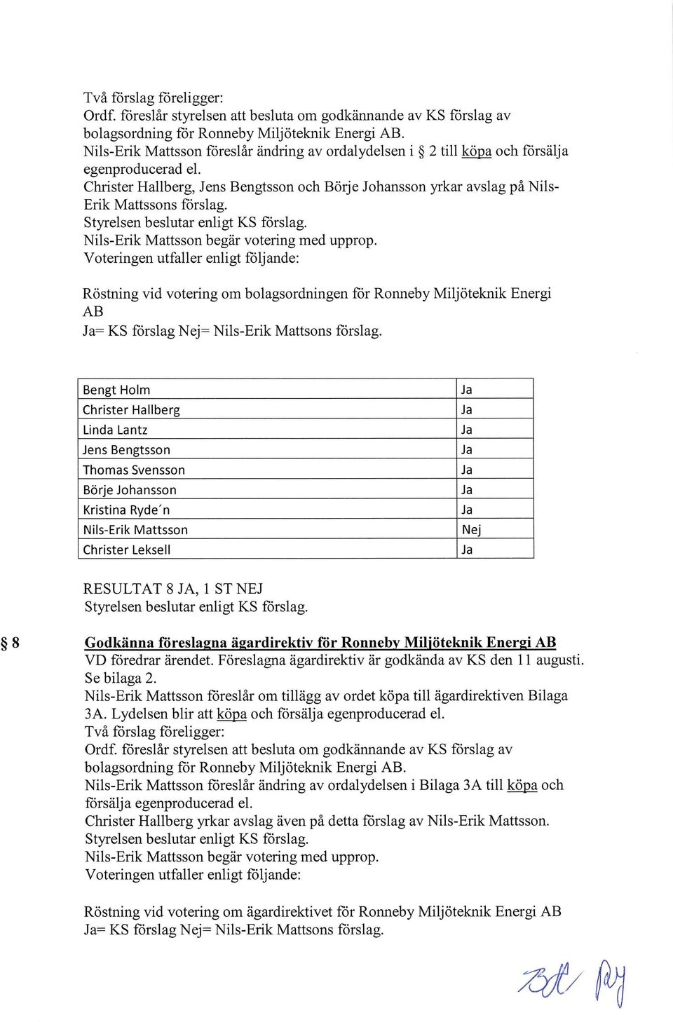 Styrelsen beslutar enligt KS förslag. Nils-Erik Mattsson begär votering med upprop.