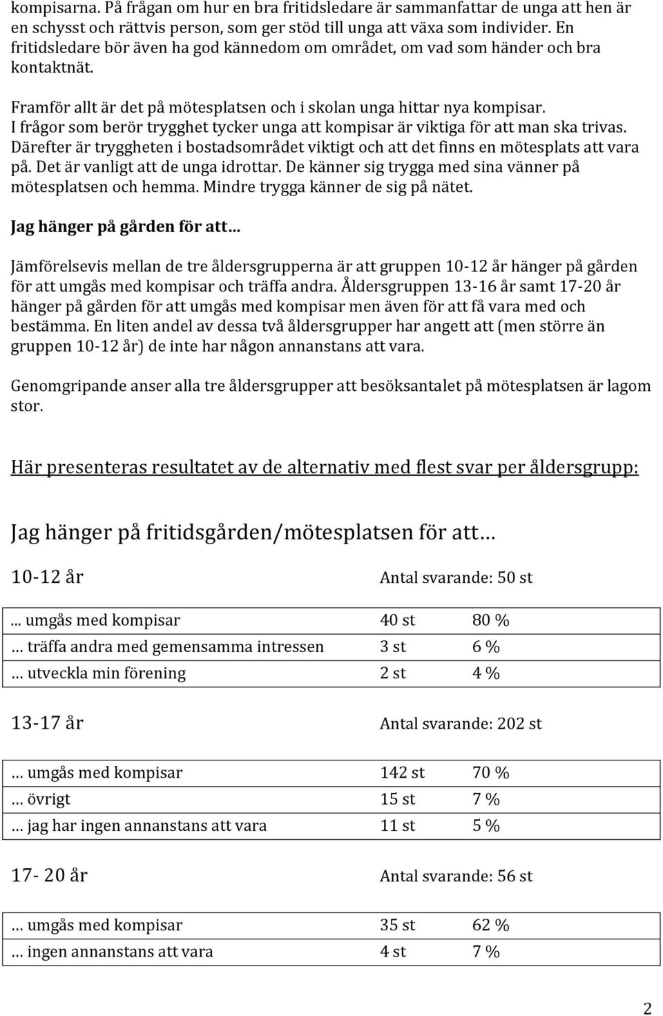 I frågor som berör trygghet tycker unga att kompisar är viktiga för att man ska trivas. Därefter är tryggheten i bostadsområdet viktigt och att det finns en mötesplats att vara på.