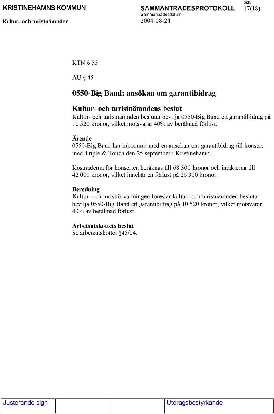 Kostnaderna för konserten beräknas till 68 300 kronor och intäkterna till 42 000 kronor, vilket innebär en förlust på 26 300 kronor.