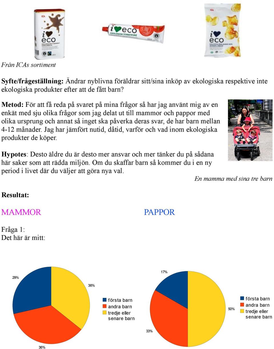 svar, de har barn mellan 4-12 månader. Jag har jämfört nutid, dåtid, varför och vad inom ekologiska produkter de köper.