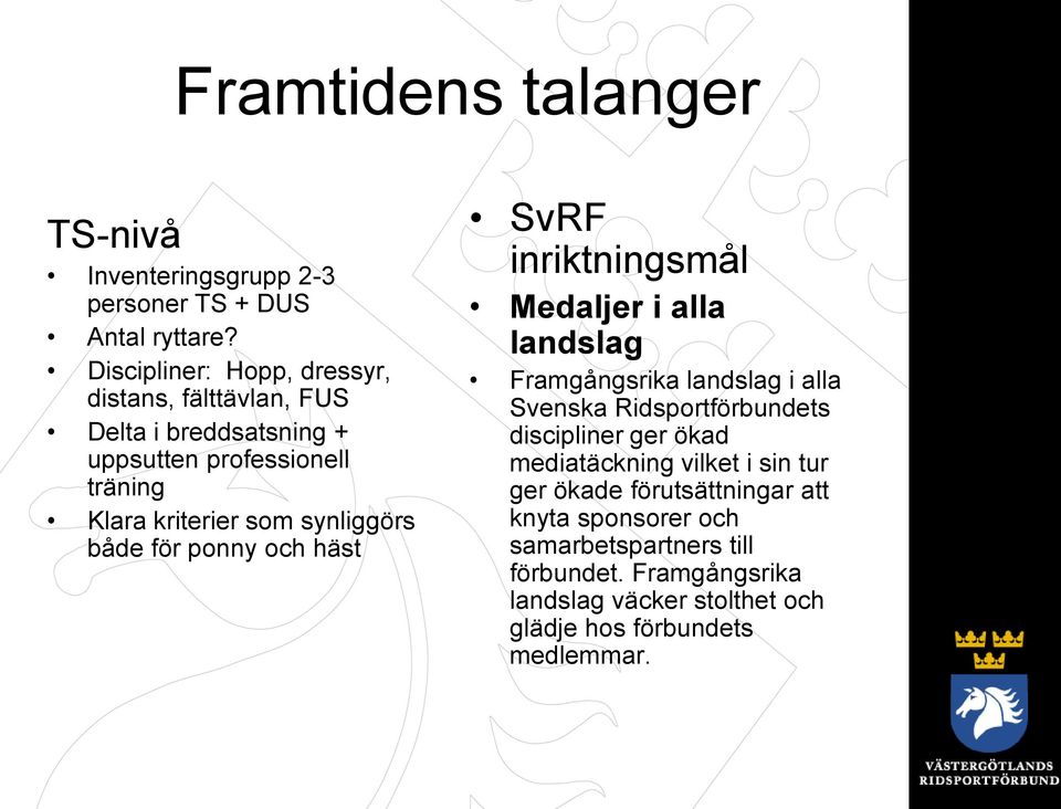 både för ponny och häst SvRF inriktningsmål Medaljer i alla landslag Framgångsrika landslag i alla Svenska Ridsportförbundets discipliner