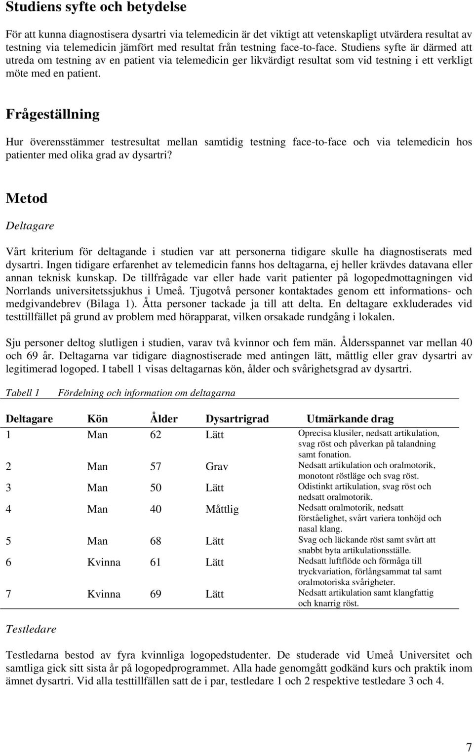 Frågeställning Hur överensstämmer testresultat mellan samtidig testning face-to-face och via telemedicin hos patienter med olika grad av dysartri?