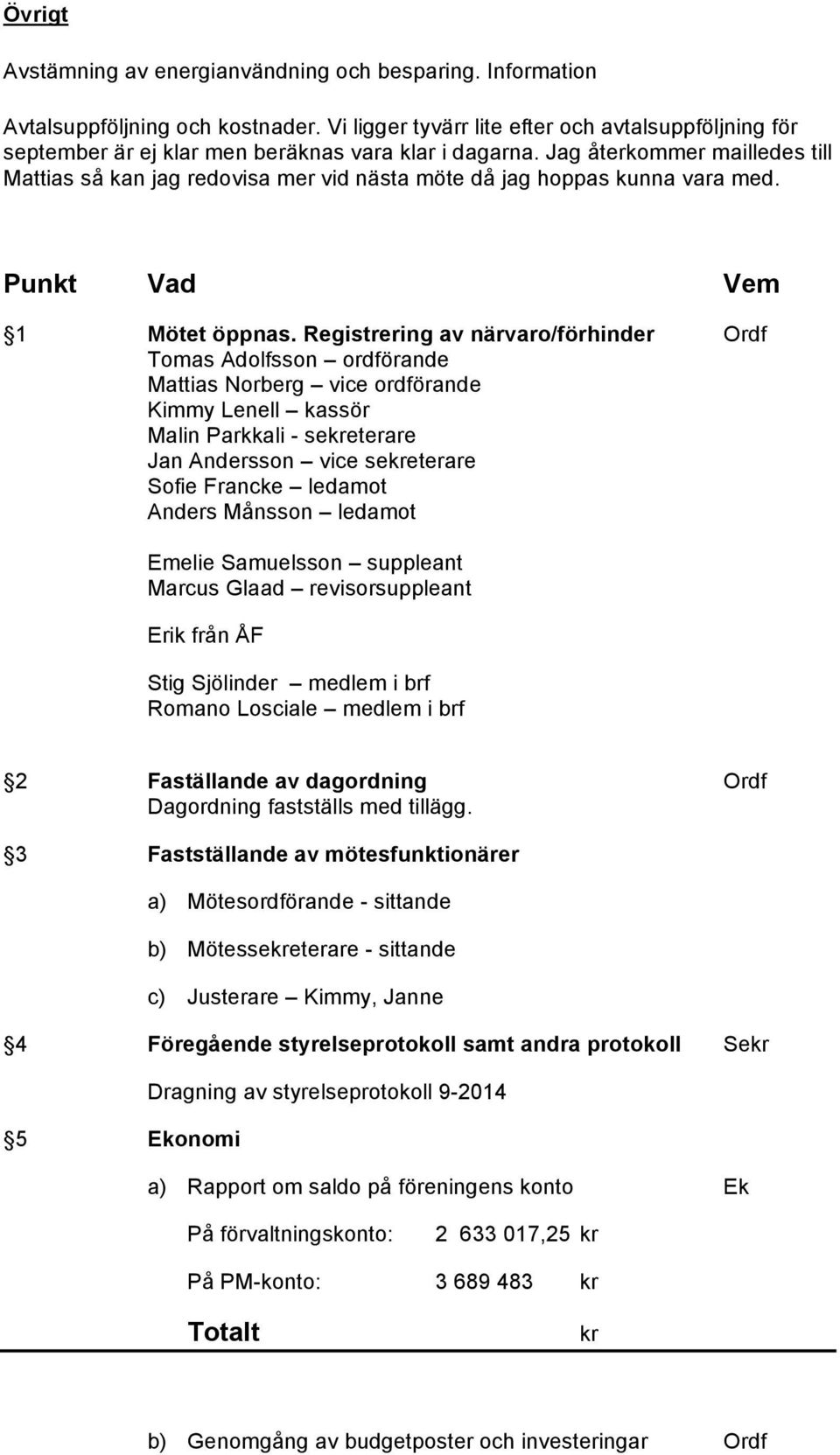 Jag återkommer mailledes till Mattias så kan jag redovisa mer vid nästa möte då jag hoppas kunna vara med. Punkt Vad Vem 1 Mötet öppnas.