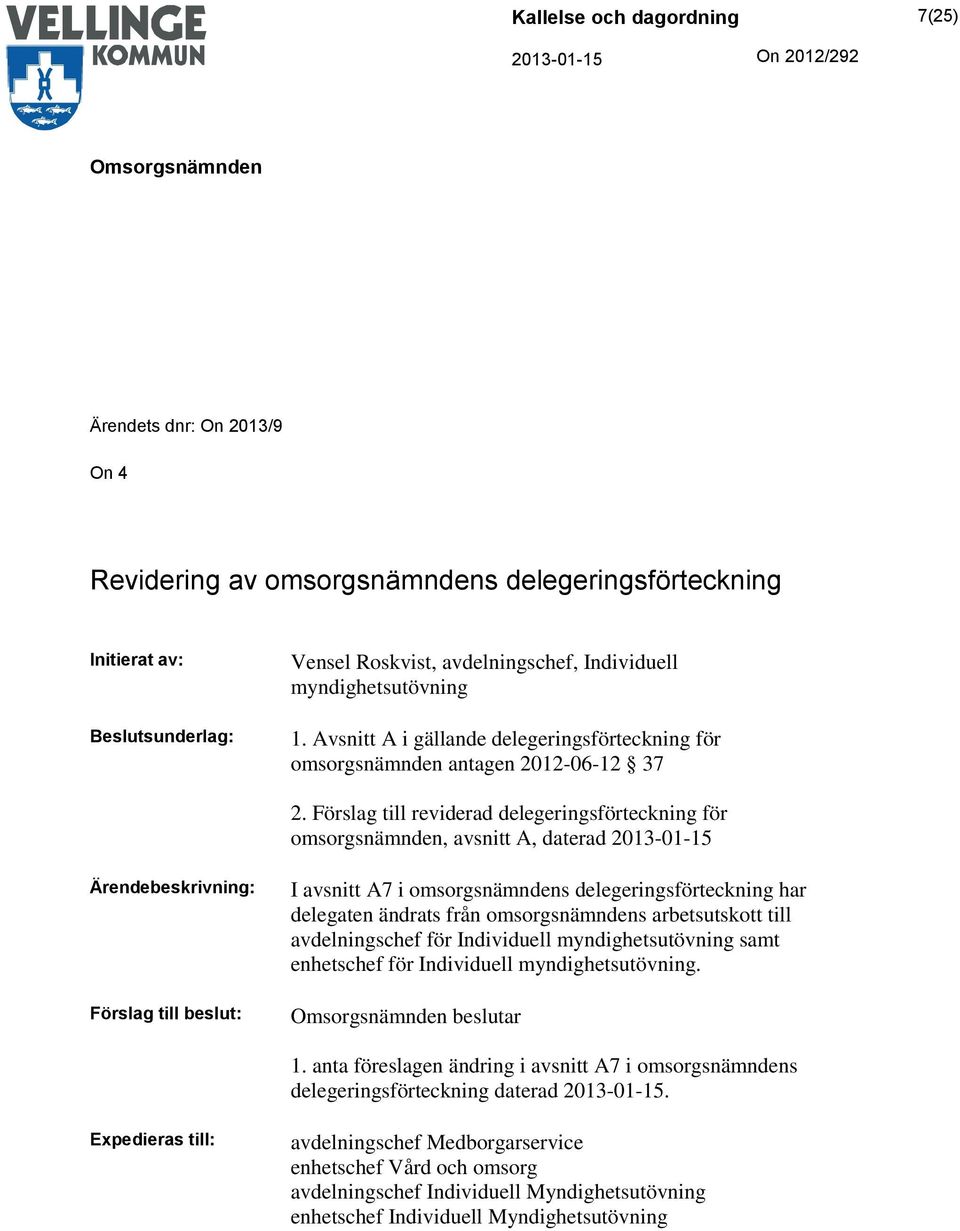 Förslag till reviderad delegeringsförteckning för omsorgsnämnden, avsnitt A, daterad Ärendebeskrivning: I avsnitt A7 i omsorgsnämndens delegeringsförteckning har delegaten ändrats från