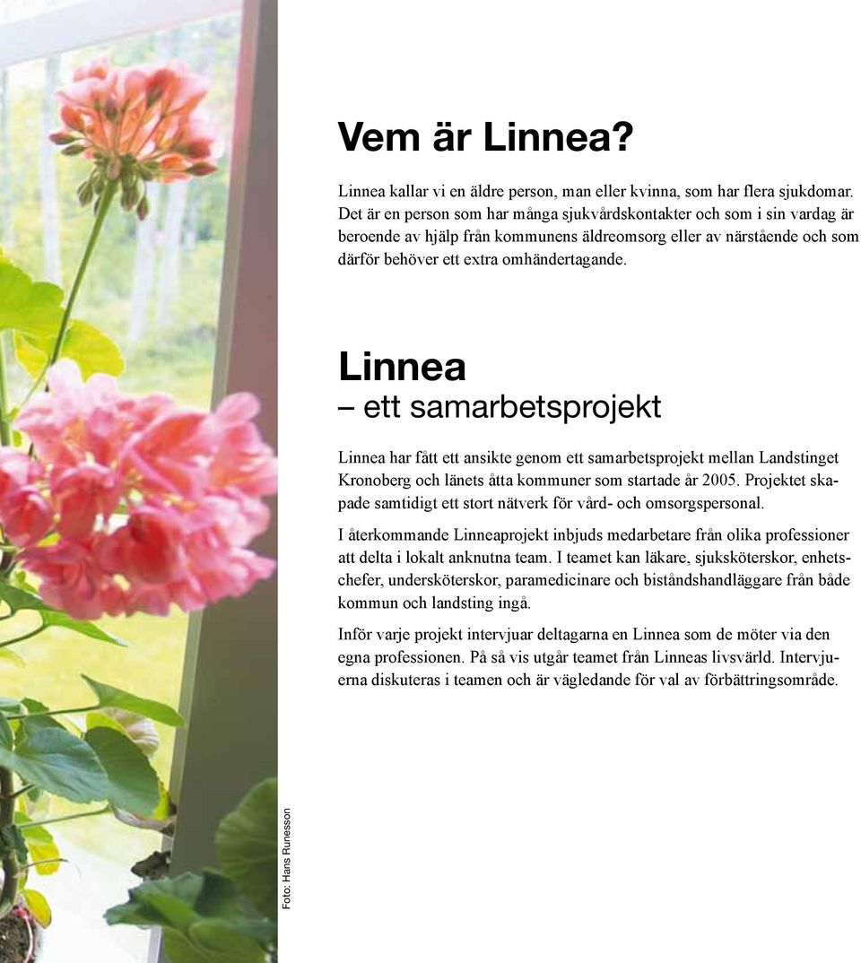 Linnea ett samarbetsprojekt Linnea har fått ett ansikte genom ett samarbetsprojekt mellan Landstinget Kronoberg och länets åtta kommuner som startade år 2005.