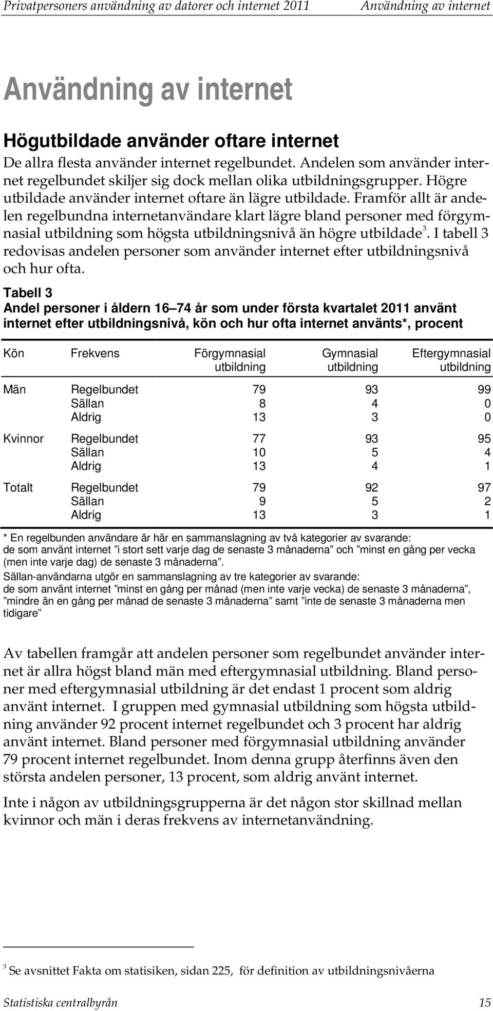 Framför allt är andelen regelbundna internetanvändare klart lägre bland personer med förgymnasial utbildning som högsta utbildningsnivå än högre utbildade 3.