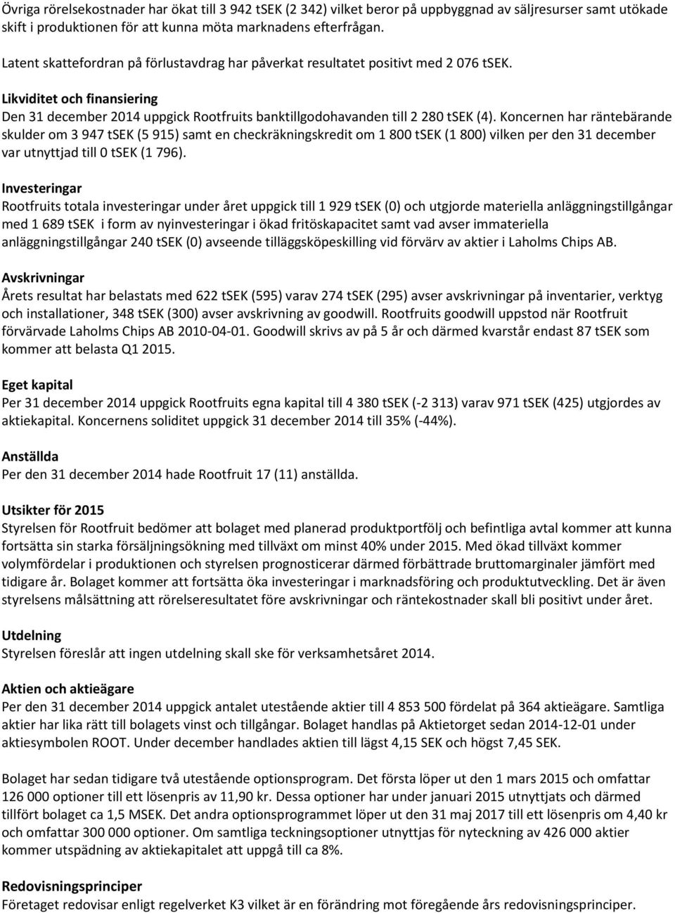 Koncernen har räntebärande skulder om 3 947 tsek (5 915) samt en checkräkningskredit om 1 800 tsek (1 800) vilken per den 31 december var utnyttjad till 0 tsek (1 796).