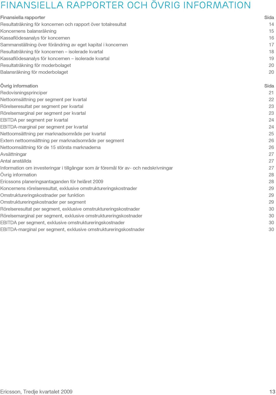 20 Balansräkning för moderbolaget 20 Övrig information Sida Redovisningsprinciper 21 Nettoomsättning per segment per kvartal 22 Rörelseresultat per segment per kvartal 23 Rörelsemarginal per segment