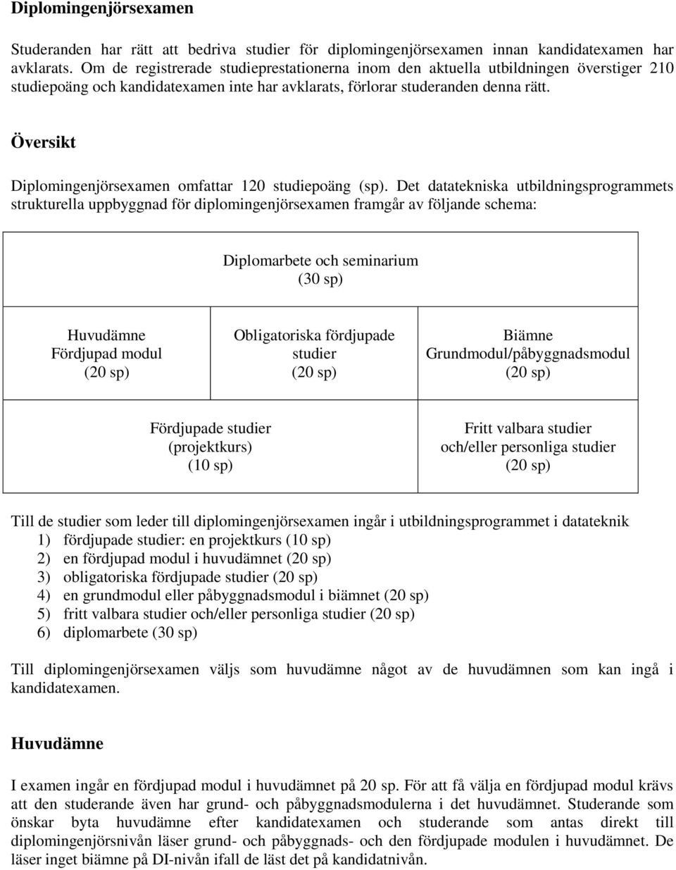 Översikt Diplomingenjörsexamen omfattar 120 studiepoäng (sp).