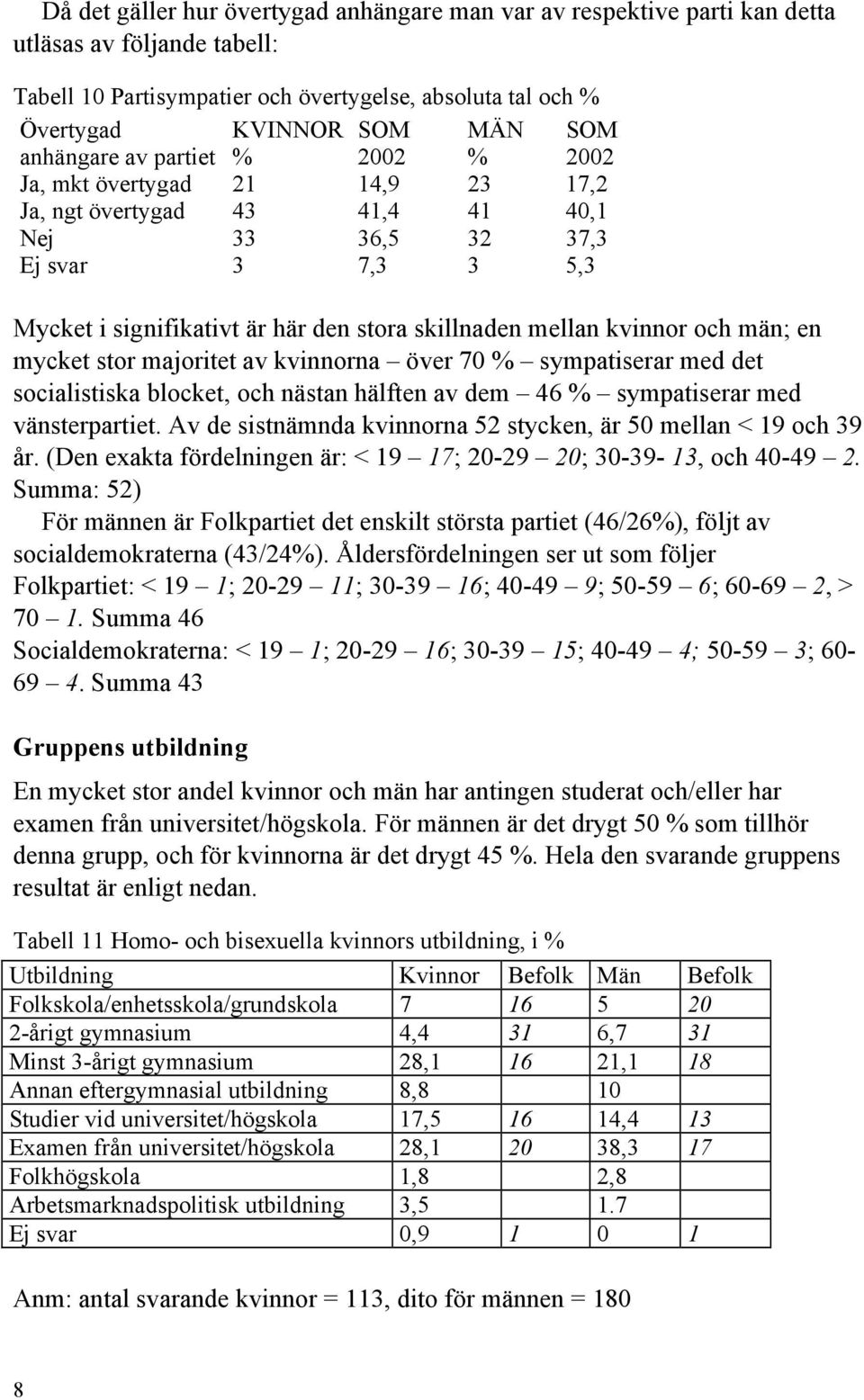 mellan kvinnor och män; en mycket stor majoritet av kvinnorna över 70 % sympatiserar med det socialistiska blocket, och nästan hälften av dem 46 % sympatiserar med vänsterpartiet.