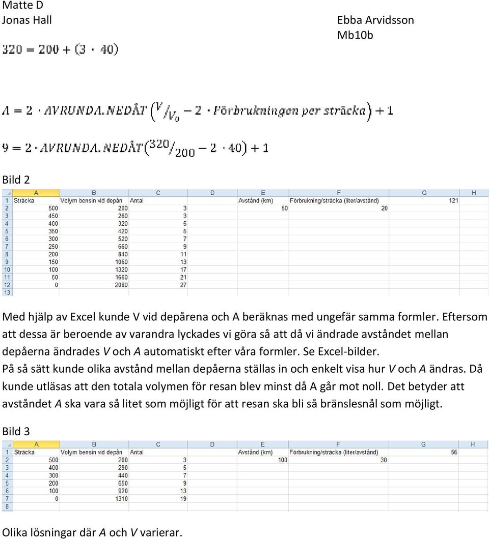 formler. Se Excel-bilder. På så sätt kunde olika avstånd mellan depåerna ställas in och enkelt visa hur V och A ändras.