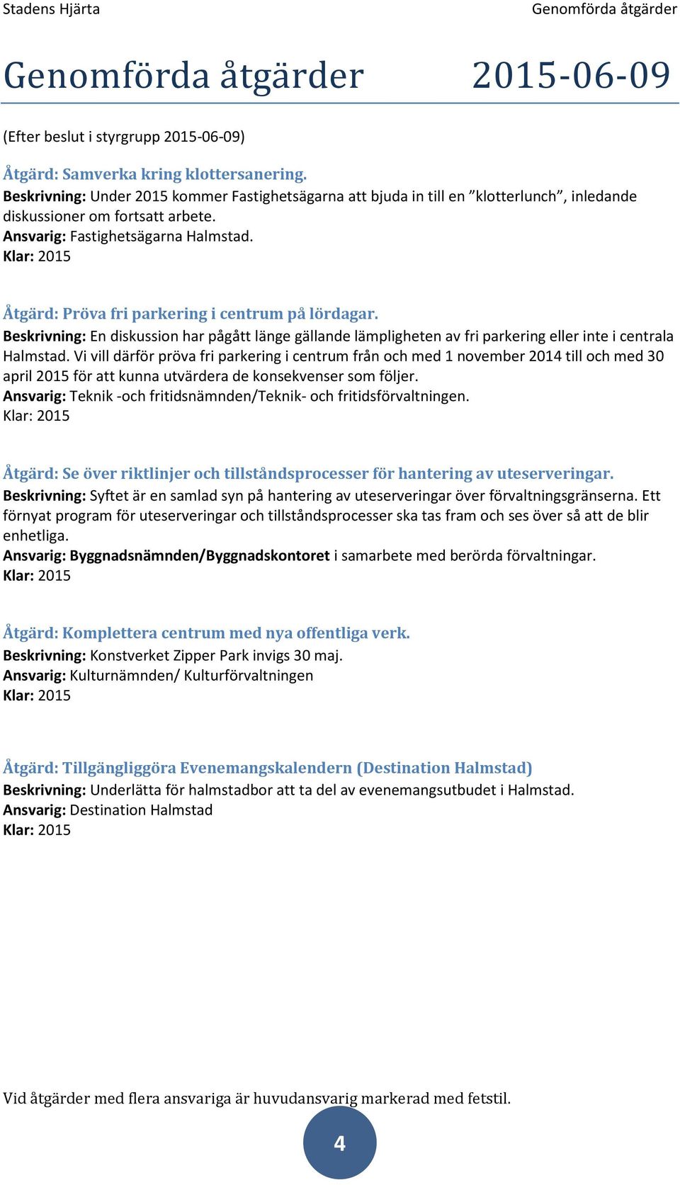 Åtgärd: Pröva fri parkering i centrum på lördagar. Beskrivning: En diskussion har pågått länge gällande lämpligheten av fri parkering eller inte i centrala Halmstad.