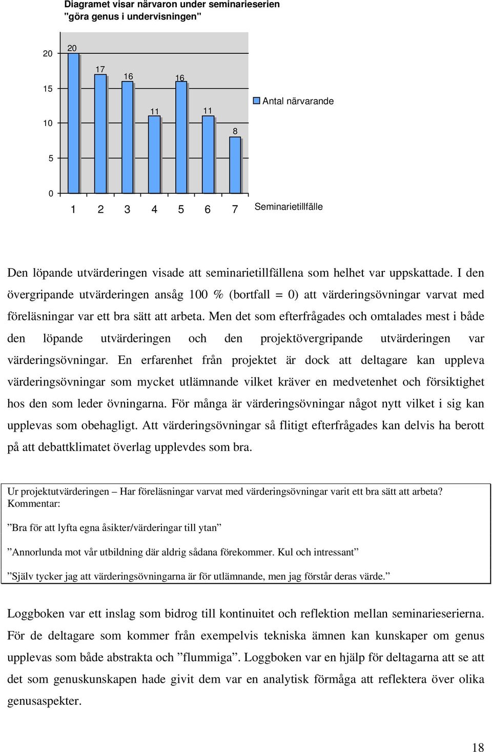 Men det som efterfrågades och omtalades mest i både den löpande utvärderingen och den projektövergripande utvärderingen var värderingsövningar.