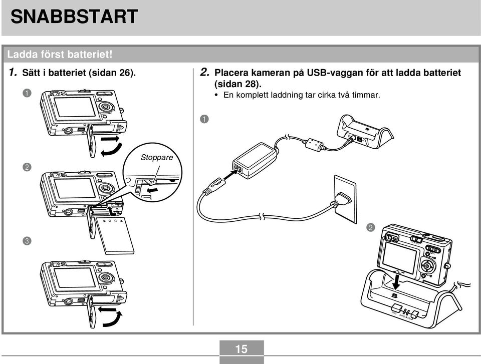 ). 2. Placera kameran på USB-vaggan för att ladda batteriet 1