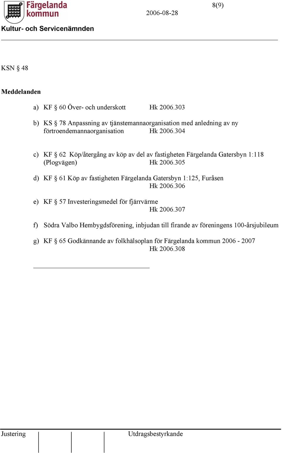 304 c) KF 62 Köp/återgång av köp av del av fastigheten Färgelanda Gatersbyn 1:118 (Plogvägen) Hk 2006.