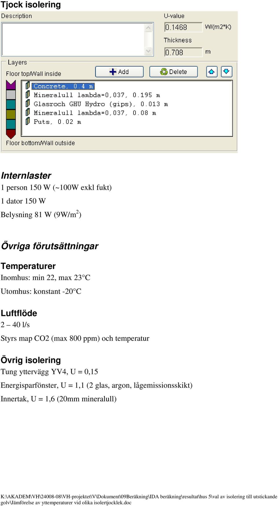 Luftflöde 2 40 l/s Styrs map CO2 (max 800 ppm) och temperatur Övrig isolering Tung yttervägg YV4,