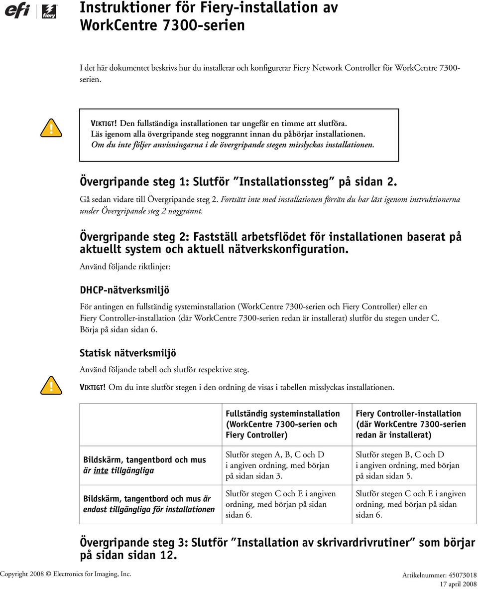 Om du inte följer anvisningarna i de övergripande stegen misslyckas installationen. Övergripande steg 1: Slutför Installationssteg på sidan 2. Gå sedan vidare till Övergripande steg 2.