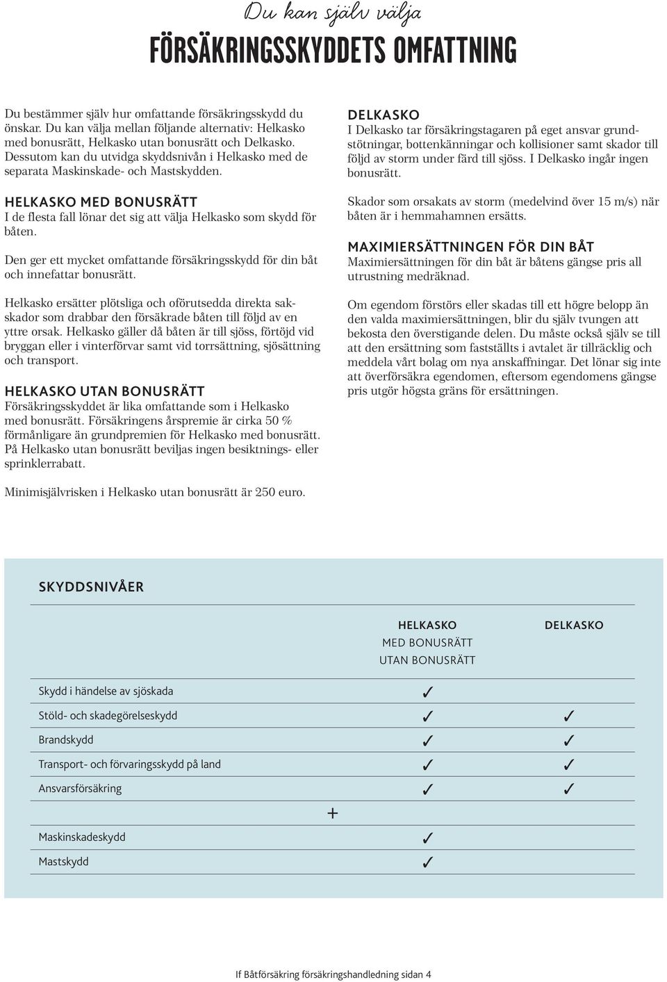 HELKASKO MED BONUSRÄTT I de flesta fall lönar det sig att välja Hel kasko som skydd för båten. Den ger ett mycket omfattande försäkringsskydd för din båt och innefattar bonusrätt.