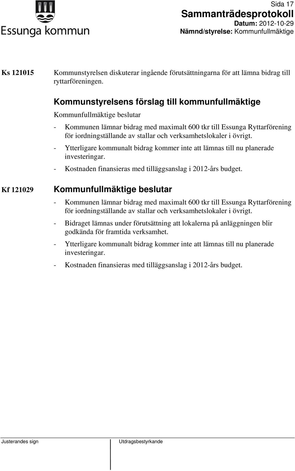 - Ytterligare kommunalt bidrag kommer inte att lämnas till nu planerade investeringar. - Kostnaden finansieras med tilläggsanslag i 2012-års budget.