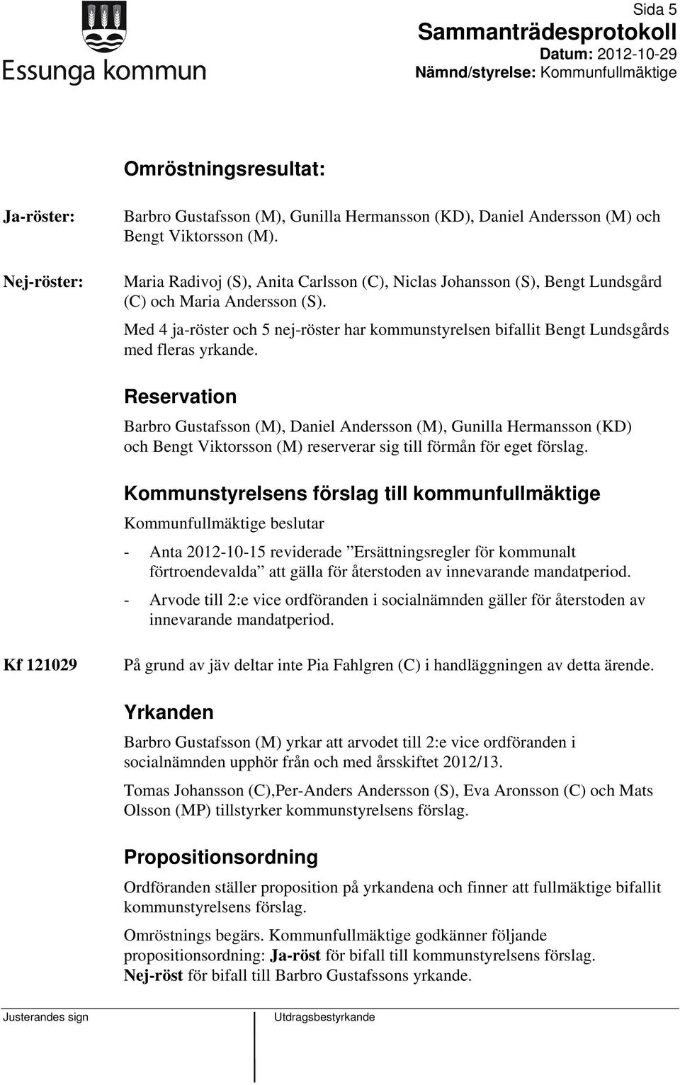 Med 4 ja-röster och 5 nej-röster har kommunstyrelsen bifallit Bengt Lundsgårds med fleras yrkande.