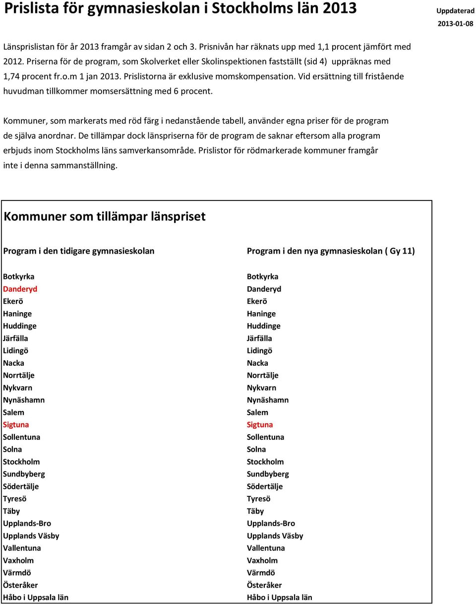 Vid ersättning till fristående huvudman tillkommer momsersättning med 6 procent. Kommuner, som markerats med röd färg i nedanstående tabell, använder egna priser för de program de själva anordnar.