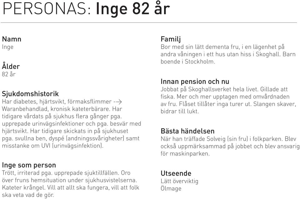 Inge som person Trött, irriterad pga. upprepade sjuktillfällen. Oro över fruns hemsituation under sjukhusvistelserna. Kateter krångel. Vill att allt ska fungera, vill att folk ska veta vad de gör.