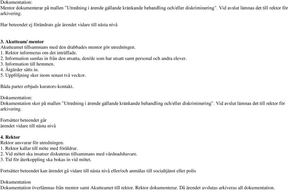 Information samlas in från den utsatta, den/de som har utsatt samt personal och andra elever. 3. Information till hemmen. 4. Åtgärder sätts in. 5. Uppföljning sker inom senast två veckor.